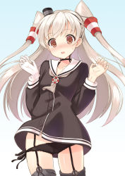 Rule 34 | 10s, 1girl, amatsukaze (kancolle), black panties, blush, brown eyes, dress, garter straps, gloves, hair tubes, hat, hyuuga azuri, kantai collection, long hair, mini hat, open mouth, panties, sailor dress, short dress, side-tie panties, silver hair, single glove, solo, thighhighs, twintails, two side up, underwear, white gloves, wind