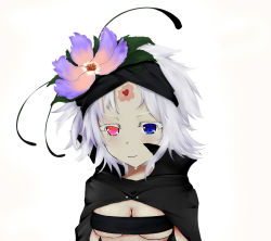 Rule 34 | 10s, 1girl, birthmark, blue eyes, breasts, cape, chao wu xing xian, crying, crying with eyes open, facing viewer, flamie speeddraw, flower, hair flower, hair ornament, hairband, heart, heterochromia, highres, pink eyes, rokka no yuusha, short hair, simple background, solo, streaming tears, tears, upper body, white background, white hair