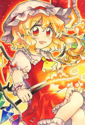 Rule 34 | 1girl, ascot, blonde hair, crystal wings, embodiment of scarlet devil, feet out of frame, flandre scarlet, frilled skirt, frilled sleeves, frills, hat, hat ribbon, highres, laevatein (touhou), maa (forsythia1729), mob cap, open mouth, puffy short sleeves, puffy sleeves, red eyes, red ribbon, red skirt, red vest, ribbon, shirt, short sleeves, skirt, skirt set, touhou, vest, white shirt, wrist cuffs, yellow ascot