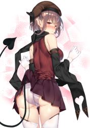 Rule 34 | 1girl, ass, bare shoulders, blush, brown skirt, clothes lift, clothes pull, commentary request, demon girl, demon horns, demon tail, gloves, grey hair, hat, horns, long sleeves, looking at viewer, looking back, original, panties, pleated skirt, pointy ears, red eyes, shirt, skirt, skirt lift, skirt pull, solo, tail, thighhighs, thighs, underwear, white gloves, white panties, white thighhighs, wide sleeves, yappen, yatsu (sasuraino), zettai ryouiki
