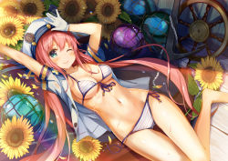 Rule 34 | 1girl, ;), aqua eyes, ball, barefoot, bikini, blush, breasts, commentary request, flower, front-tie bikini top, front-tie top, gloves, hand on forehead, hat, light blush, long hair, looking at viewer, lying, medium breasts, navel, one eye closed, open clothes, open shirt, original, pink hair, ship&#039;s wheel, short sleeves, side-tie bikini bottom, smile, solo, striped bikini, striped clothes, sunflower, swimsuit, thigh gap, twintails, untied bikini, wet, white gloves, yellow flower, yuuki yuu, ||/