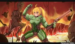 Rule 34 | 1girl, alternate costume, alternate universe, armor, blonde hair, blood, blood on face, cosplay, crossover, demon, doom (series), doomguy, doomguy (cosplay), face punch, green armor, gun, hell, holding, holding weapon, horns, in the face, long hair, punching, red eyes, rwby, shotgun, spikes, wavy hair, weapon, yang xiao long, z666ful