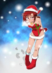 Rule 34 | 1girl, breasts, christmas, cleavage, commentary request, graphite (medium), groin, hino akane (smile precure!), leotard, looking at viewer, medium hair, millipen (medium), onnaski, precure, santa costume, small breasts, smile, smile precure!, solo, traditional media