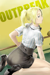 Rule 34 | 1girl, bad id, bad pixiv id, blonde hair, capcom, cindy lennox, female focus, from behind, high heels, looking back, ponytail, rakuto mangan, resident evil, resident evil outbreak, shirt, shoes, skirt, solo, striped clothes, striped shirt, sweatdrop