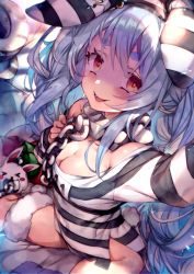 Rule 34 | 1girl, animal ears, blue hair, braid, breasts, cleavage, hololive, long hair, long sleeves, medium breasts, multicolored hair, official alternate costume, prison clothes, rabbit-shaped pupils, rabbit ears, rabbit girl, rabbit tail, red eyes, redcomet, selfie, shaded face, shirt, sitting, smile, solo, striped clothes, striped headwear, striped shirt, symbol-shaped pupils, thick eyebrows, twin braids, two-tone hair, usada pekora, usada pekora (prisoner), virtual youtuber, white hair
