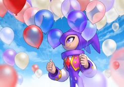 Rule 34 | 1other, balloon, bodysuit, closed mouth, cloud, cloudy sky, hat, highres, holding, holding balloon, jester, jester cap, ketrindarkdragon, long sleeves, looking up, nights (character), nights into dreams, other focus, purple eyes, sky, smile, solo, vest