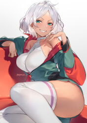 Rule 34 | 1girl, artist name, asticassia school uniform, bare shoulders, breasts, couch, dark-skinned female, dark skin, green eyes, grey hair, grin, gundam, gundam suisei no majo, highres, jacket, large breasts, leotard, mmu, off shoulder, school uniform, secelia dote, short hair, shorts, simple background, sitting, smile, solo, thick thighs, thighhighs, thighs, white background, zettai ryouiki