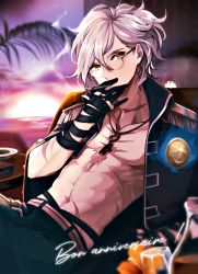 Rule 34 | 1boy, abs, drink, edmond dantes (fate), edmond dantes (monte cristo selection) (fate), fate/grand order, fate (series), glasses, hertz (tsuquart), jewelry, key, key necklace, looking at viewer, male focus, necklace, smoking, summer, white hair, yellow eyes