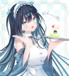 Rule 34 | 1girl, :d, bare shoulders, black hair, blue bow, blue eyes, blue hairband, blue ribbon, bow, breasts, checkered background, cherry, cleavage, collarbone, commentary request, dress, fang, food, frilled hairband, frills, fruit, hair between eyes, hair ornament, hair ribbon, hairband, hairclip, hands up, holding, holding tray, humuyun, long hair, long sleeves, looking at viewer, medium breasts, open mouth, original, plaid, plaid bow, ribbon, smile, solo, tray, two side up, very long hair, white dress, wide sleeves