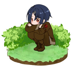 Rule 34 | 1boy, alcryst (fire emblem), ant, blue hair, blush, boots, bug, chibi, feichids, fire emblem, fire emblem engage, grass, hair between eyes, hair ornament, hairclip, insect, kneeling, nintendo, official alternate costume, on grass, red eyes, short hair, solo, white background