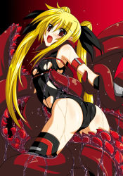 Rule 34 | 00s, 1girl, armband, ass, blonde hair, blush, breasts, covered erect nipples, fate testarossa, from behind, fumihiro, long hair, looking back, lyrical nanoha, mahou shoujo lyrical nanoha, rape, red eyes, slime (substance), small breasts, solo, tentacles, thighhighs, torn clothes, twintails, very long hair