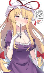 Rule 34 | 1girl, arm up, blonde hair, blush, bright pupils, closed mouth, commentary request, dress, e.o., elbow gloves, eyelashes, folded fan, folding fan, gloves, hair ribbon, hand fan, highres, holding, holding fan, long hair, puffy short sleeves, puffy sleeves, purple dress, purple eyes, red ribbon, ribbon, short sleeves, smile, solo, standing, touhou, tress ribbon, upper body, wavy mouth, white background, white gloves, white pupils, yakumo yukari
