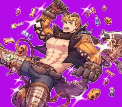 Rule 34 | 1boy, abs, animal ears, animal hands, bara, bare pectorals, belt, black pants, blonde hair, brown belt, candy, cookie, cropped jacket, food, fur collar, gloves, granblue fantasy, green eyes, halberd, highres, holding, holding polearm, holding weapon, jacket, knee pads, large pectorals, looking at viewer, male focus, muscular, muscular male, navel, nipples, official alternate costume, oneirio, open clothes, open jacket, open mouth, orange jacket, pants, paw gloves, pectorals, polearm, short hair, smile, solo, tail, twitter username, undercut, vane (granblue fantasy), weapon, wolf boy, wolf ears, wolf tail