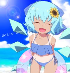 Rule 34 | 1girl, :d, absurdres, aqua hair, arms behind back, bad id, bad pixiv id, bare shoulders, beach, bikini, blue bikini, blue bow, blue sky, bow, cirno, cloud, cloudy sky, collarbone, commentary request, cowboy shot, day, english text, facing viewer, fang, flower, groin, hair bow, hair flower, hair ornament, halterneck, highres, ice, ice wings, innertube, leaning forward, lens flare, open mouth, outdoors, shikabane homura, short hair, side-tie bikini bottom, sky, smile, solo, standing, summer, sun, sunflower, sunlight, swim ring, swimsuit, tan, tanline, tanned cirno, tongue, touhou, wings