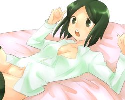 Rule 34 | 1boy, bad id, bad pixiv id, black eyes, bob cut, fate/zero, fate (series), green eyes, green hair, male focus, matching hair/eyes, naiya, no panties, on bed, parted bangs, solo, striped clothes, striped thighhighs, thighhighs, trap, v-neck, vertical-striped clothes, vertical-striped thighhighs, waver velvet