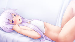 Rule 34 | 1girl, ahoge, alternate hairstyle, bed sheet, blush, commentary request, covering privates, dutch angle, flat chest, hair over shoulder, kuroimori99, legs up, long hair, looking at viewer, looking to the side, lying, nude, nude cover, on back, on bed, open mouth, purple eyes, purple hair, solo, sweat, thighs, towel, vocaloid, voiceroid, yuzuki yukari