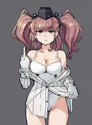 Rule 34 | 1girl, atlanta (kancolle), black hat, blush stickers, breasts, brown hair, buttons, cleavage, closed mouth, collarbone, cowboy shot, earrings, empty eyes, garrison cap, gloves, grey background, grey eyes, groin, hat, highres, jewelry, kantai collection, large breasts, long hair, middle finger, mizoki kei, one-piece swimsuit, partially fingerless gloves, shirt, simple background, single earring, solo, star (symbol), star earrings, swimsuit, swimsuit under clothes, two side up, white gloves, white one-piece swimsuit, white shirt