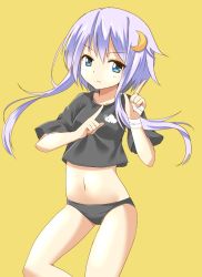 Rule 34 | 10s, 1girl, black panties, blue eyes, crescent, crescent hair ornament, crop top, crop top overhang, hair ornament, kantai collection, light purple hair, long hair, looking at viewer, midriff, navel, no pants, panties, purple hair, shimouki izui, shirt, short hair with long locks, simple background, solo, underwear, very long hair, yayoi (kancolle)