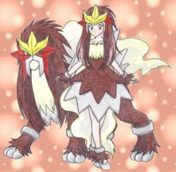 Rule 34 | 1girl, anklet, bracelet, breasts, brown background, brown dress, brown eyes, brown hair, brown theme, chikorita85, collarbone, creatures (company), dress, entei, expressionless, full body, game freak, gen 2 pokemon, hair over shoulder, jewelry, legendary pokemon, long hair, moemon, nintendo, outstretched arms, personification, pokemon, pokemon (creature), pokemon gsc, puffy dress, sleeveless, sleeveless dress, small breasts, standing, straight hair, tiptoes, traditional media, white footwear
