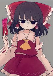 Rule 34 | 1girl, ascot, black hair, bow, collared shirt, detached sleeves, frilled bow, frilled hair tubes, frilled shirt collar, frilled skirt, frills, gohei, hair bow, hair tubes, hakurei reimu, highres, medium hair, red bow, red eyes, red shirt, red skirt, rei (tonbo0430), ribbon-trimmed sleeves, ribbon trim, shirt, skirt, skirt set, sleeveless, sleeveless shirt, solo, touhou, white sleeves, wide sleeves, yellow ascot