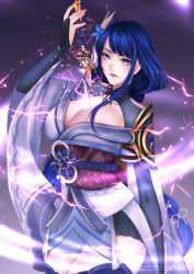 Rule 34 | 1girl, absurdres, armor, braid, breasts, bridal gauntlets, bunbumbunny, cleavage, closed mouth, commentary, electricity, english commentary, flower, genshin impact, hair ornament, highres, human scabbard, japanese clothes, kimono, large breasts, long hair, long sleeves, looking at viewer, mitsudomoe (shape), purple eyes, purple flower, purple hair, raiden shogun, ribbon, sash, sheath, shoulder armor, simple background, solo, sword, tassel, thighhighs, tomoe (symbol), unsheathing, weapon, wide sleeves