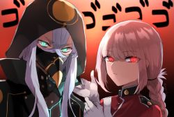 Rule 34 | 1boy, 1girl, adjusting clothes, adjusting gloves, asclepius (fate), braid, crossed bangs, fate/grand order, fate (series), florence nightingale (fate), gloves, glowing, glowing eyes, high collar, highres, hood, long bangs, mask, pink hair, trait connection, white gloves, white hair