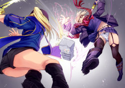 Rule 34 | 2girls, artoria pendragon (all), artoria pendragon (fate), ass, baseball cap, black-framed eyewear, black bow, black footwear, black legwear, black shorts, blonde hair, blue skirt, boots, bow, bow panties, brown eyes, coat, electricity, fate/grand order, fate (series), fringe trim, fu-ta, garter belt, garter straps, glasses, hat, holding, holding sword, holding weapon, knee boots, long hair, motion blur, multiple girls, mysterious heroine x (fate), mysterious heroine x alter (fate), mysterious heroine x alter (first ascension) (fate), open clothes, open coat, outstretched hand, panties, plaid, plaid scarf, pleated skirt, ponytail, rojiura satsuki : chapter heroine sanctuary, saber (fate), scarf, school uniform, semi-rimless eyewear, serafuku, short shorts, shorts, skirt, sword, thighhighs, thighs, under-rim eyewear, underwear, upskirt, weapon, white panties