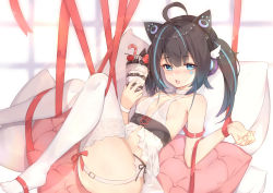 Rule 34 | 1girl, absurdres, ahoge, animal ear headphones, animal ears, ass, axent wear, babydoll, bare arms, bare shoulders, black hair, blue eyes, breasts, cat ear headphones, cup, drinking glass, fake animal ears, garter belt, halterneck, headphones, highres, holding, indie virtual youtuber, kuroida, legs up, lingerie, long hair, looking at viewer, lying, multicolored hair, no shoes, on back, open mouth, pillow, reclining, red ribbon, ribbon, sai xiaoyan, see-through, small breasts, solo, streaked hair, thighhighs, twintails, underwear, underwear only, virtual youtuber, white thighhighs, wristband