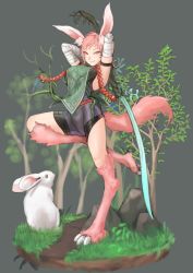 Rule 34 | 1girl, animal ears, armband, arms behind back, bandages, bandaged arm, bandages, bell, blush, bodysuit, breasts, rabbit, closed mouth, facial mark, fewer digits, grass, grey background, half-closed eyes, hands up, highres, holding, holding sword, holding weapon, jingle bell, kilye kairi, looking at viewer, medium breasts, monster girl, original, pink eyes, pink hair, rabbit ears, simple background, smile, solo, spread legs, standing, standing on one leg, sword, tagme, tail, tree, weapon, whisker markings