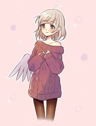 Rule 34 | 1girl, ahoge, alternate costume, angel wings, bare shoulders, black legwear, blush, casual, closed mouth, collarbone, commentary request, cropped legs, grey hair, kishin sagume, long sleeves, looking at viewer, off shoulder, pink background, red eyes, short hair, simple background, single wing, solo, sweater, touhou, touya (konpekitou), wings