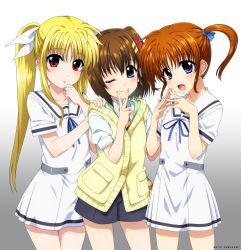 Rule 34 | 3girls, blonde hair, blue eyes, blush, breasts, brown hair, closed mouth, collarbone, fate testarossa, hair ornament, hair ribbon, hairclip, hand on another&#039;s shoulder, highres, long hair, looking at viewer, lyrical nanoha, mahou shoujo lyrical nanoha, mahou shoujo lyrical nanoha a&#039;s, multiple girls, one eye closed, open mouth, red eyes, ribbon, school uniform, short hair, simple background, small breasts, smile, standing, syu1, takamachi nanoha, twintails, white background, yagami hayate