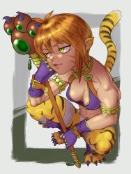 Rule 34 | 1girl, animal ears, breasts, breath of fire, breath of fire ii, buresuobu, bustier, cat ears, facial mark, full body, gloves, green eyes, highres, holding, holding weapon, medium breasts, navel, open mouth, orange hair, pointy ears, rinpoo chuan, short hair, solo, tail, tiger stripes, tiger tail, weapon