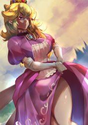 Rule 34 | 1girl, :/, absurdres, animahakim, blonde hair, blue eyes, blue gemstone, breasts, brooch, closed mouth, clothes lift, crown, dress, dress lift, elbow gloves, eyelashes, gem, glint, gloves, highres, jewelry, large breasts, long hair, mario (series), nintendo, pink dress, princess, princess peach, puffy short sleeves, puffy sleeves, serious, short sleeves, solo, super mario bros. 1, super smash bros., thighs, white gloves