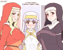 Rule 34 | 3girls, blonde hair, blush, border, grabbing another&#039;s breast, breasts, brown eyes, covered erect nipples, english text, grabbing, grey hair, hair ornament, height difference, index (toaru majutsu no index), large breasts, long hair, loose clothes, medium breasts, multiple girls, nipples, no bra, nun, habit, orsola aquinas, pongldr, pov, robe, self-upload, simple background, size difference, smile, standing, through clothes, toaru majutsu no index, vasilissa, white border