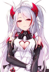 Rule 34 | 1girl, antenna hair, azumi akitake, azur lane, bad id, bad twitter id, breasts, brown eyes, cleavage, cleavage cutout, clothing cutout, cross, headgear, iron cross, large breasts, long hair, looking at viewer, maid headdress, mole, mole on breast, multicolored hair, parted lips, prinz eugen (azur lane), red hair, silver hair, simple background, smile, solo, streaked hair, swept bangs, two side up, unfinished, very long hair, white background