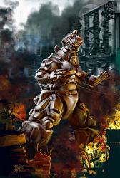 Rule 34 | city, destruction, fire, giant, giant monster, giant robot, godzilla (series), grimbro, highres, kaijuu, mecha, mechagodzilla, military, monster, robot, toho, weapon