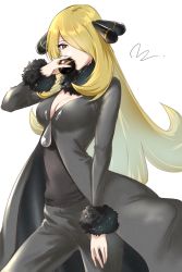 Rule 34 | 1girl, blonde hair, breasts, brown eyes, cleavage, creatures (company), cynthia (pokemon), fur trim, game freak, hair ornament, hair over one eye, highres, holding, holding poke ball, long coat, long hair, luxury ball, medium breasts, mitsugu, nintendo, object kiss, poke ball, pokemon, pokemon dppt, signature, simple background, solo, very long hair, white background