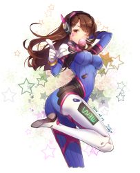 Rule 34 | 1girl, 2016, acronym, arm behind head, arm up, armor, artist name, ass, bodysuit, boots, bracer, breasts, brown eyes, brown hair, blowing bubbles, chewing gum, cowboy shot, d.va (overwatch), dated, facepaint, facial mark, flat ass, from side, gloves, hand up, headphones, ika (4801055), leg up, long hair, long sleeves, matching hair/eyes, medium breasts, one eye closed, overwatch, overwatch 1, pauldrons, pilot suit, ribbed bodysuit, shoulder armor, shoulder pads, signature, skin tight, solo, standing, standing on one leg, star (symbol), starry background, thigh boots, thigh strap, thighhighs, turtleneck, twisted torso, whisker markings, white footwear, white gloves