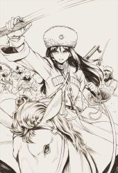 Rule 34 | 1girl, army, character request, fur hat, girls und panzer, greyscale, hat, holding, holding sword, holding weapon, horseback riding, katana, long hair, looking at viewer, military, military uniform, monochrome, parted lips, riding, sabaku chitai, solo focus, sword, traditional media, uniform, ushanka, weapon
