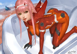 Rule 34 | 10s, 1girl, all fours, ariverkao, bodysuit, breasts, darling in the franxx, fang, green eyes, hairband, horns, lips, long hair, looking at viewer, medium breasts, open mouth, pink hair, realistic, signature, solo, tongue, zero two (darling in the franxx)