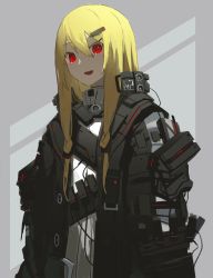 Rule 34 | 1girl, asteroid ill, bad id, bad twitter id, black coat, blonde hair, coat, collared shirt, hair ornament, hairclip, highres, iris (asteroid ill), long hair, long sleeves, looking at viewer, neon trim, open clothes, open coat, open mouth, original, red eyes, shirt, smile, solo, wire