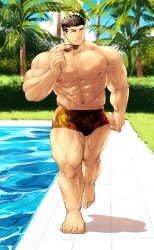 Rule 34 | 1boy, abs, asahi (zabaniyan), bara, barefoot, biceps, black hair, caustics, facial hair, flame print, full body, grass, halo, highres, large pectorals, looking to the side, male focus, male swimwear, manly, mature male, multicolored male swimwear, multicolored swim briefs, muscular, muscular male, nipples, no pants, outdoors, palm tree, pectorals, pool, poolside, print male swimwear, print swim briefs, short hair, solo, sparkle, spiked hair, stubble, sunglasses, swim briefs, swimsuit, thick arms, thick eyebrows, thick thighs, thighs, toes, tokyo houkago summoners, topless male, tree, veins, veiny arms, zabaniyya (housamo)