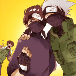 Rule 34 | 3boys, arm behind back, black eyes, black hair, crying, fingerless gloves, forehead protector, gloves, half mask, hand on another&#039;s shoulder, hatake kakashi, male focus, mask, might guy, multiple boys, naruto, naruto (series), one eye covered, rock lee, short hair, silver hair, tears, vest, yellow background