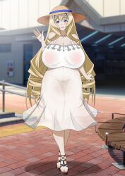 1girl absurdres blonde_hair blush breasts cecilia_alcott curvy dress drill_hair feet hat high_heels highres huge_breasts infinite_stratos legs long_hair looking_at_viewer navel nipples open_mouth pubic_hair pussy see-through_clothes solo space_gorilla thick_thighs thighs walking wavy_hair