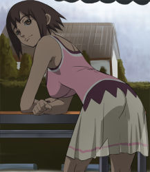 Rule 34 | 10s, 1girl, ass, bare shoulders, bent over, breasts, brown hair, dark, haruyama kazunori, impossible clothes, impossible shirt, large breasts, looking at viewer, looking back, nakagawa mikaze, no panties, see-through, see-through silhouette, seikimatsu occult gakuin, shirt, skirt, solo