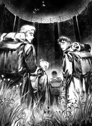 Rule 34 | 1girl, 3boys, annie leonhart, backpack, bag, bertolt hoover, camping, facing away, fence, flower, foreshortening, from below, grass, greyscale, highres, looking at viewer, looking back, male focus, marcel galliard, mcmeao, monochrome, multiple boys, parody request, red flower, reiner braun, scared, shingeki no kyojin, short hair, stone wall, walking, wall