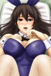 Rule 34 | 1girl, animal ears, ashigara (kancolle), bad id, bad pixiv id, blush, bow, bowtie, breasts, brown eyes, brown hair, close-up, covered navel, detached collar, fake animal ears, hair between eyes, hairband, kantai collection, kuma (saku), leotard, lips, long hair, lying, medium breasts, on bed, open mouth, playboy bunny, purple leotard, rabbit ears, simple background, solo, strapless, strapless leotard, sweat, tears, wavy hair, wing collar, wrist cuffs