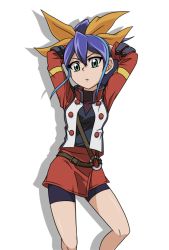 Rule 34 | 1girl, arms behind head, belt, bike shorts, blue hair, bow, date-mego, green eyes, hair bow, highres, jacket, multicolored hair, ponytail, serena (yu-gi-oh!), simple background, solo, two-tone hair, white background, yu-gi-oh!, yu-gi-oh! arc-v