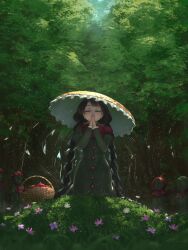 Rule 34 | 1girl, ajirogasa, basket, black hair, braid, buttons, capelet, closed eyes, closed mouth, cowboy shot, dress, flower, forest, grass, green dress, hat, highres, jizou, juliet sleeves, long hair, long sleeves, luke (kyeftss), medium bangs, nature, outdoors, own hands together, pink flower, praying, puffy sleeves, red capelet, revision, smile, solo, touhou, tree, twin braids, twintails, very long hair, yatadera narumi