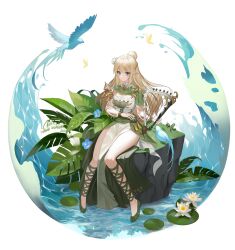 Rule 34 | 1girl, absurdres, bird, blonde hair, blue bird, blue flower, braid, bug, butterfly, capelet, chap yun, commentary, detached sleeves, dew drop, dream catcher, dress, elf, flower, french braid, full body, green capelet, green eyes, green footwear, hair between eyes, hair bun, hair flower, hair ornament, half updo, harp, hibiscus, highres, holding, holding instrument, insect, instrument, knees together feet apart, leg ribbon, lily of the valley, lily pad, long hair, looking at animal, original, outside border, pelvic curtain, plant, pointy ears, ribbon, rock, round image, see-through, see-through sleeves, shoulder spikes, sideways glance, simple background, single hair bun, sitting, sitting on rock, smile, solo, spikes, strapless, strapless dress, tassel, two-tone dress, water, water drop, water lily flower, white background, white dress, white flower